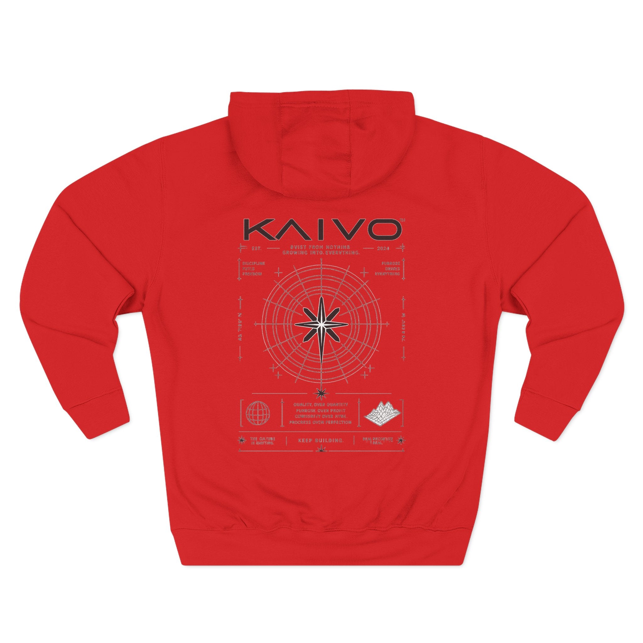 KAIVO Compass Graphic Hoodie — Minimalist Sci‑Tech Chest & Back Print