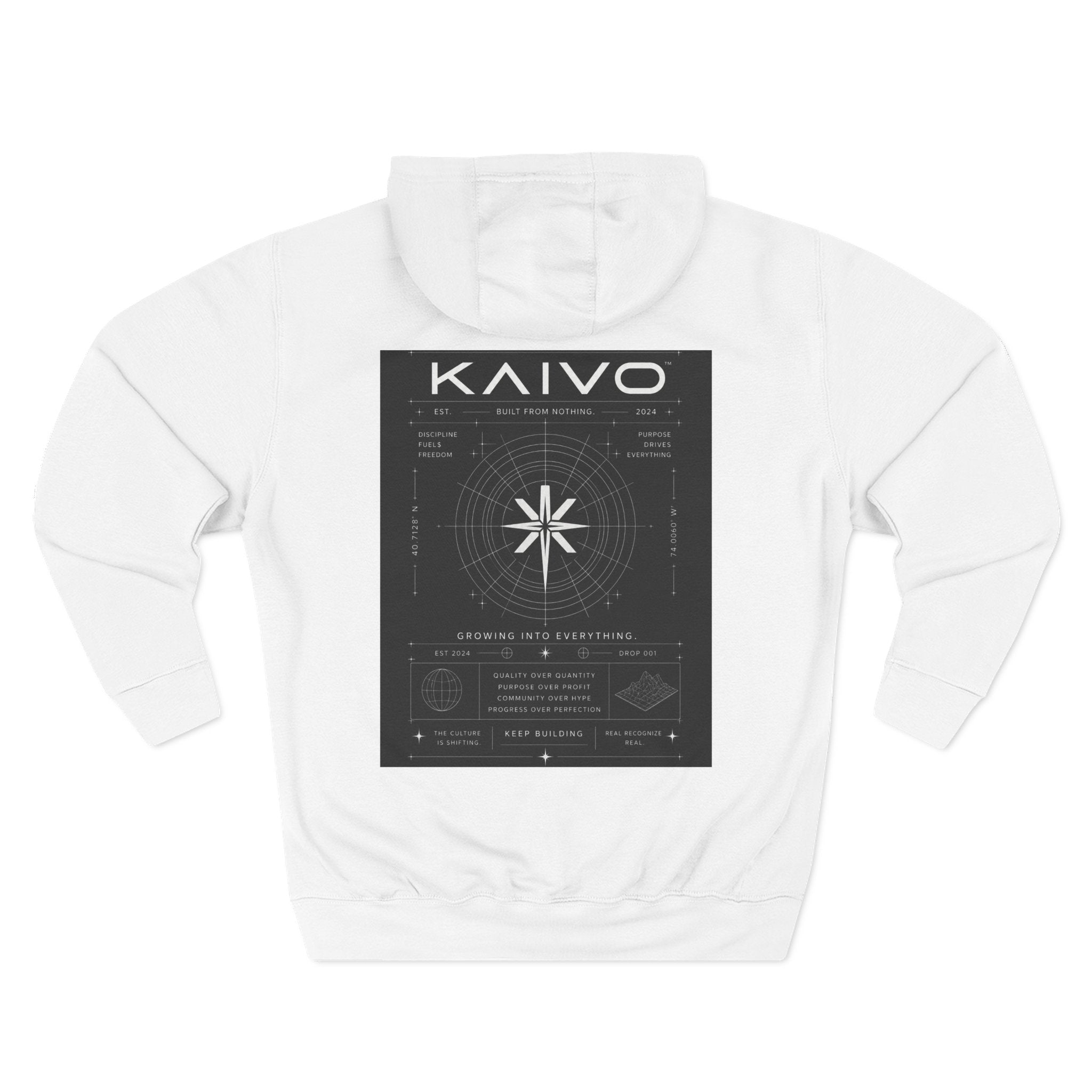 KAIVO Compass Graphic Hoodie — Minimalist Sci‑Tech Chest & Back Print