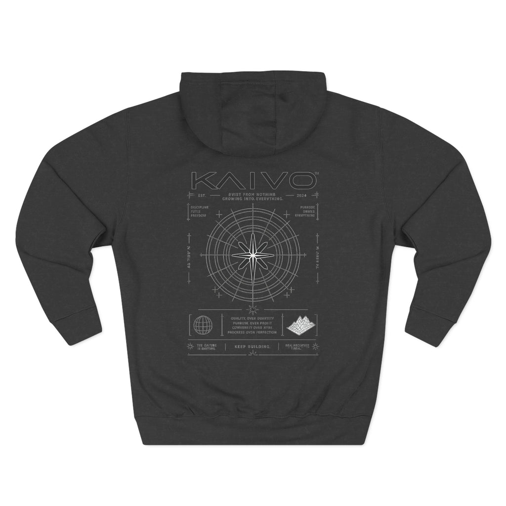KAIVO Compass Graphic Hoodie — Minimalist Sci‑Tech Chest & Back Print