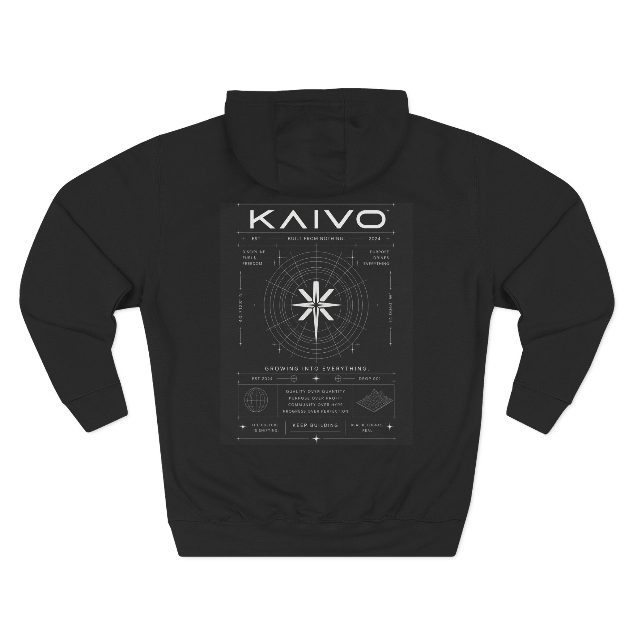 KAIVO Compass Graphic Hoodie — Minimalist Sci‑Tech Chest & Back Print