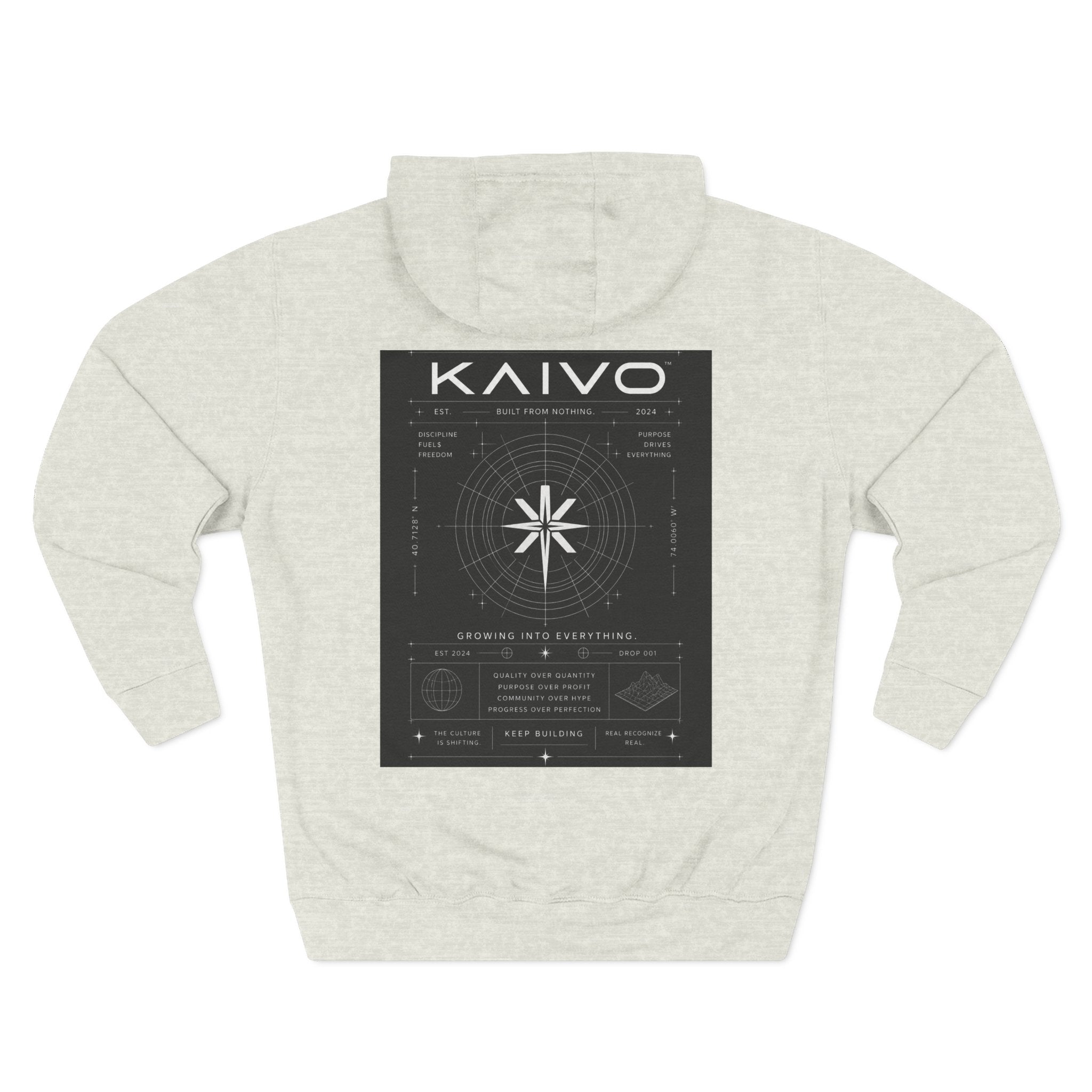 KAIVO Compass Graphic Hoodie — Minimalist Sci‑Tech Chest & Back Print