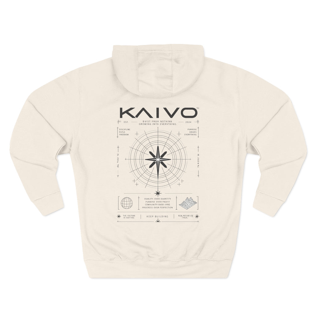 KAIVO Compass Graphic Hoodie — Minimalist Sci‑Tech Chest & Back Print
