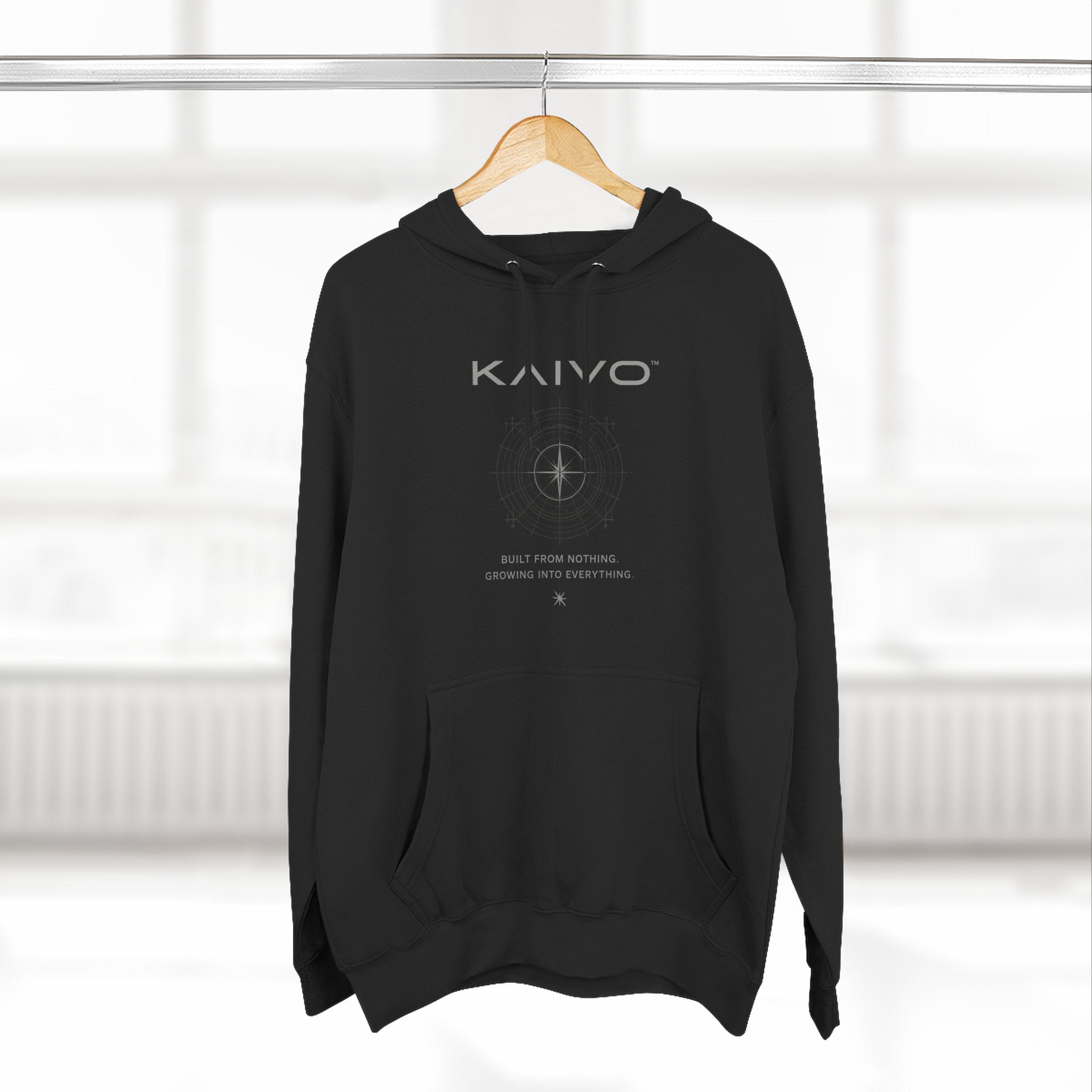 KAIVO Compass Graphic Hoodie — Minimalist Sci‑Tech Chest & Back Print