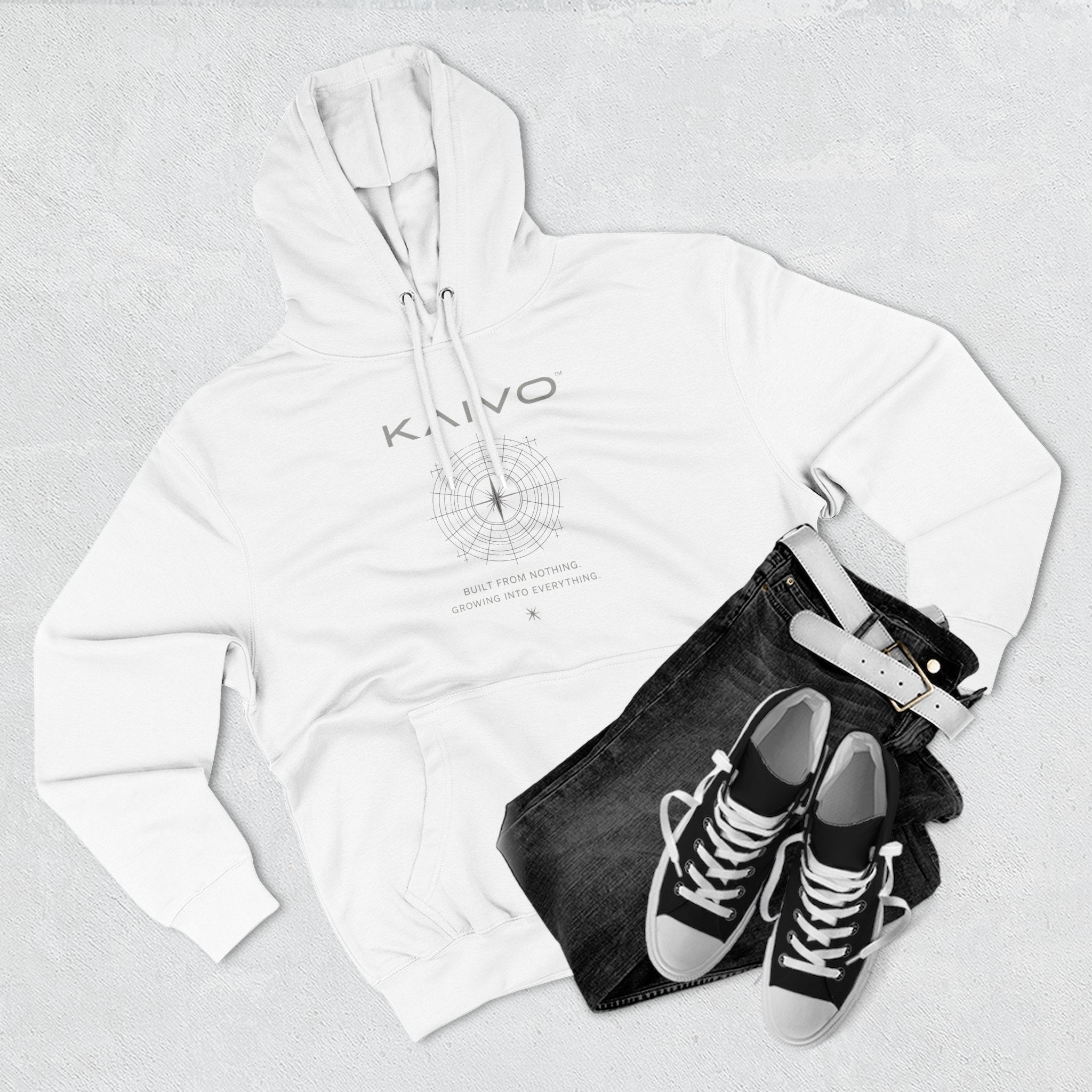 KAIVO Compass Graphic Hoodie — Minimalist Sci‑Tech Chest & Back Print