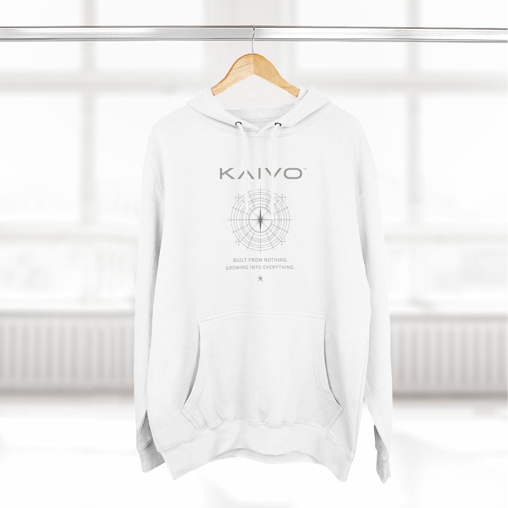 KAIVO Compass Graphic Hoodie — Minimalist Sci‑Tech Chest & Back Print