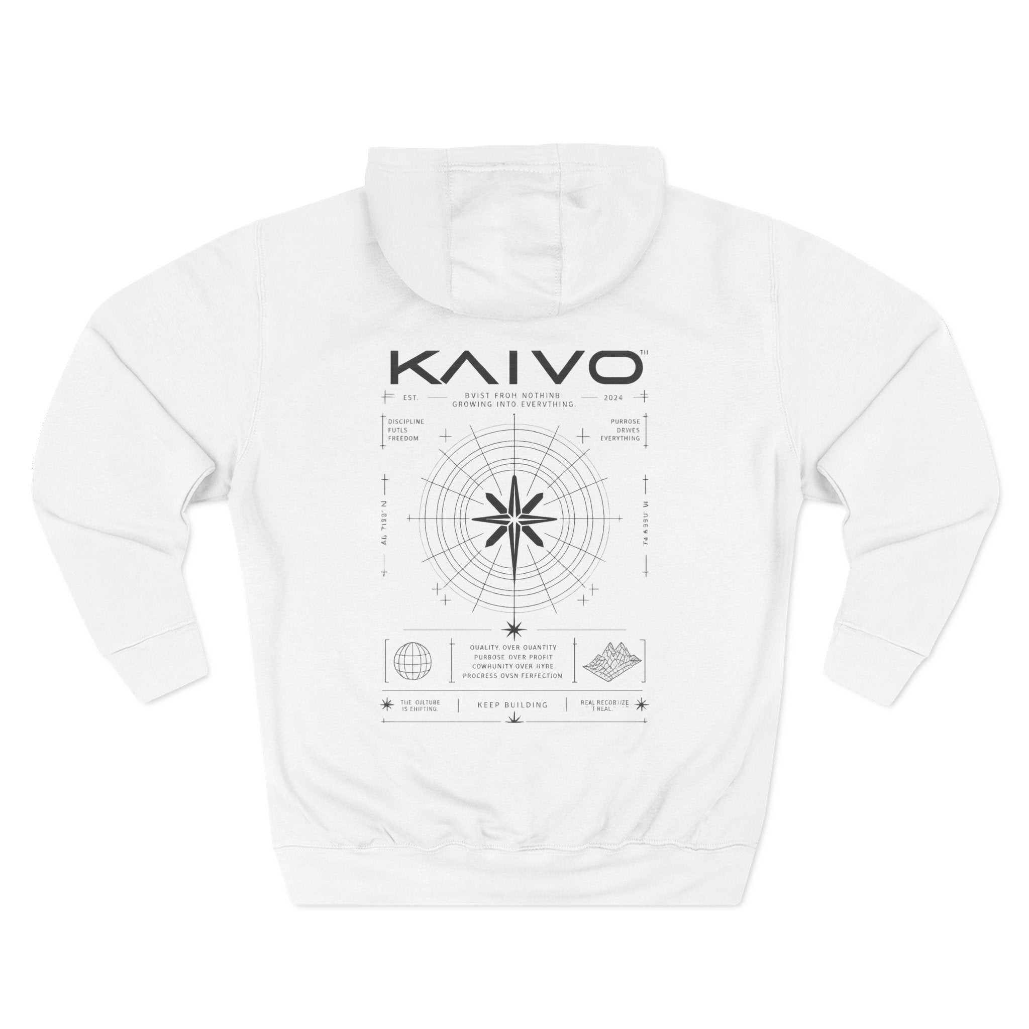 KAIVO Compass Graphic Hoodie — Minimalist Sci‑Tech Chest & Back Print