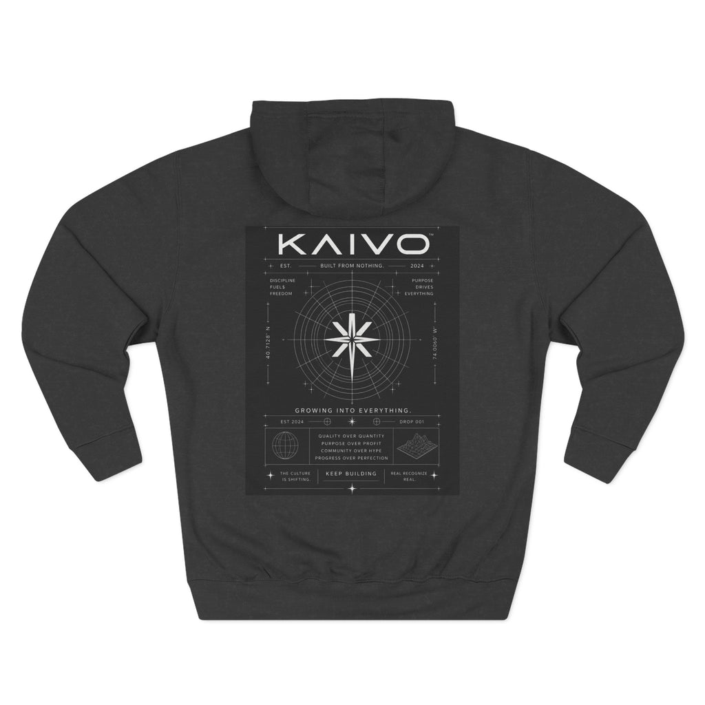 KAIVO Compass Graphic Hoodie — Minimalist Sci‑Tech Chest & Back Print