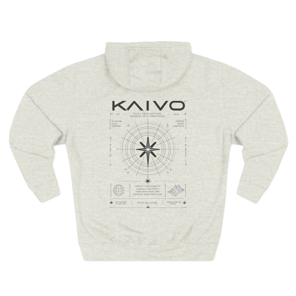 KAIVO Compass Graphic Hoodie — Minimalist Sci‑Tech Chest & Back Print