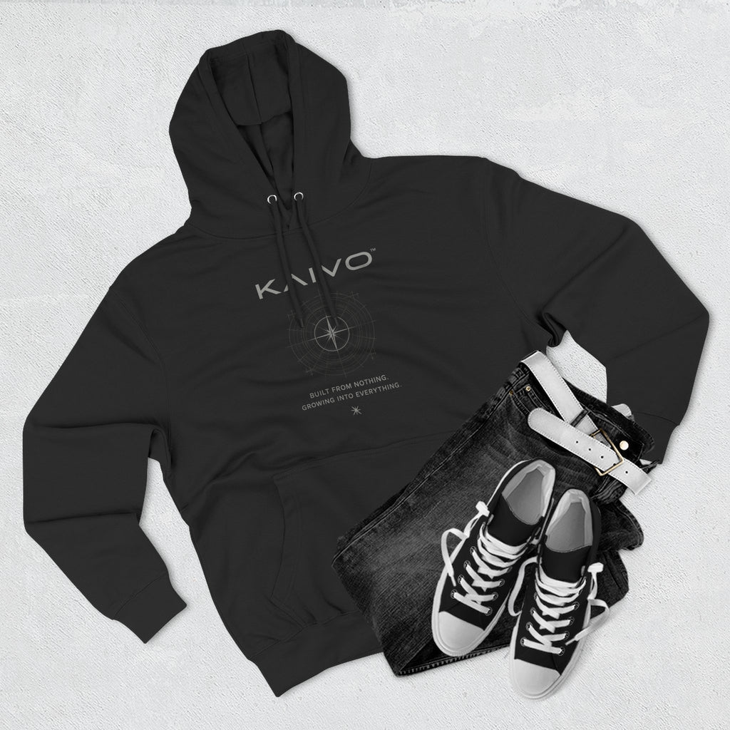 KAIVO Compass Graphic Hoodie — Minimalist Sci‑Tech Chest & Back Print