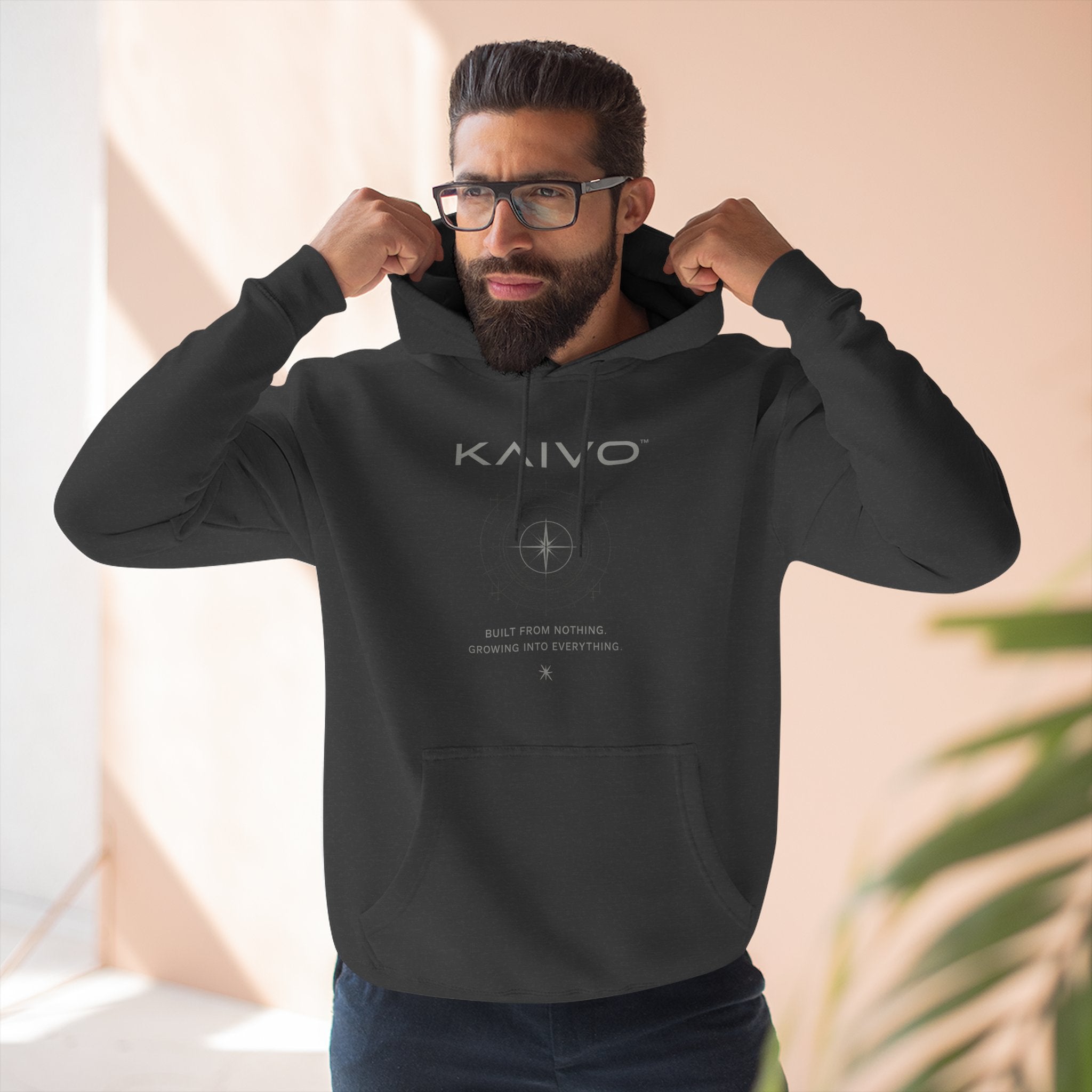 KAIVO Compass Graphic Hoodie — Minimalist Sci‑Tech Chest & Back Print