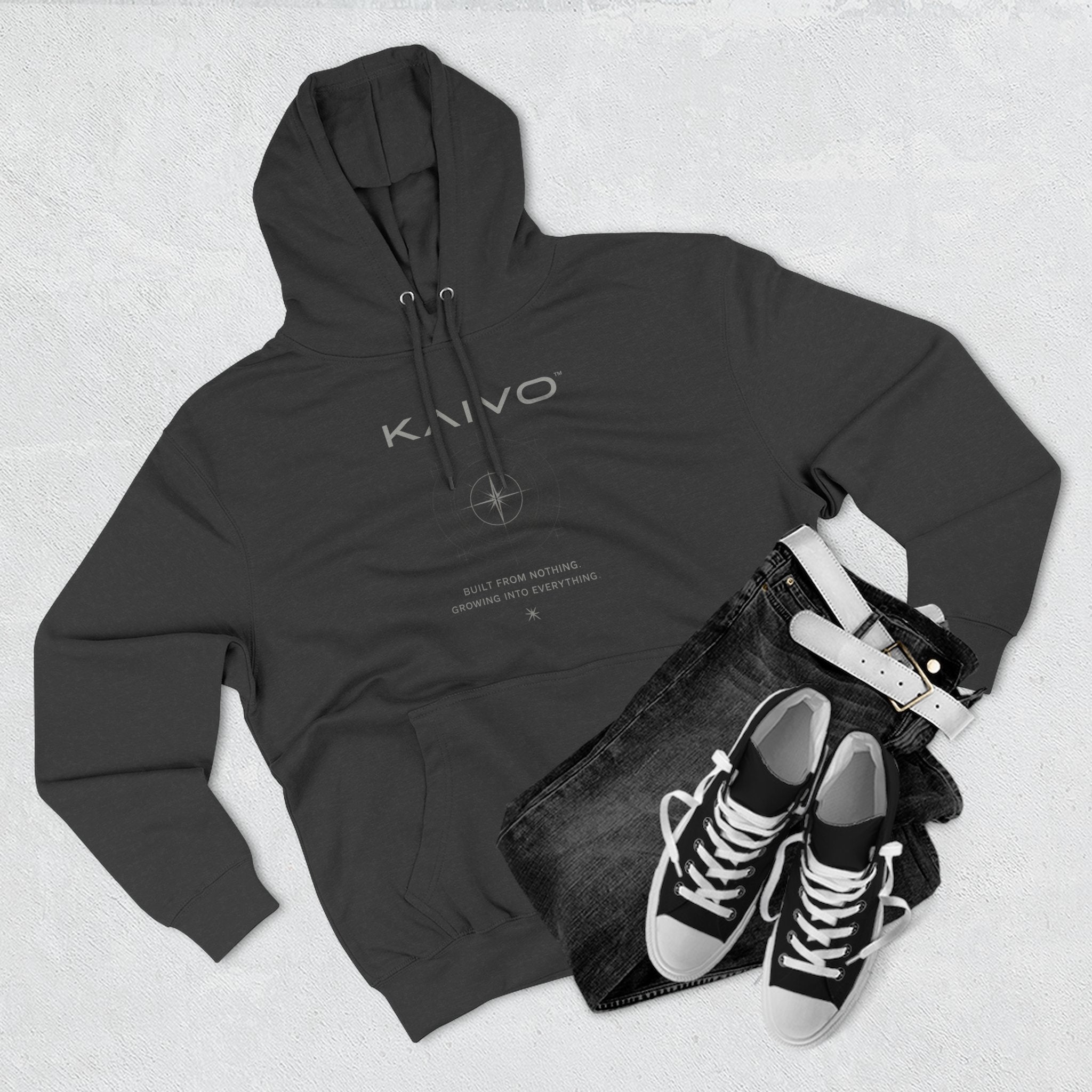 KAIVO Compass Graphic Hoodie — Minimalist Sci‑Tech Chest & Back Print