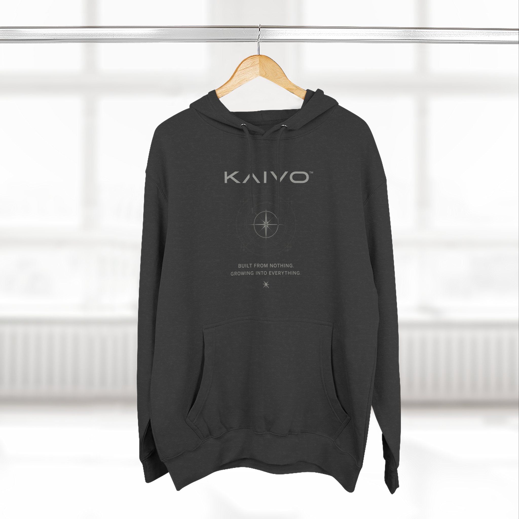 KAIVO Compass Graphic Hoodie — Minimalist Sci‑Tech Chest & Back Print